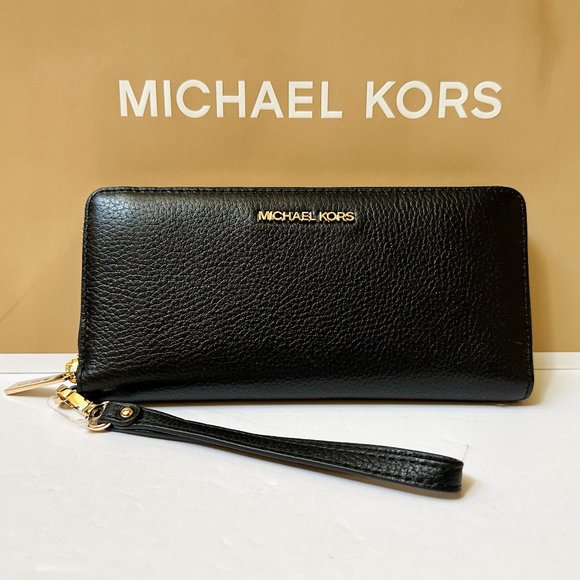 Michael Kors Jet Set Travel Large Continental Leather Wallet Black/Gold - Picture 1 of 10